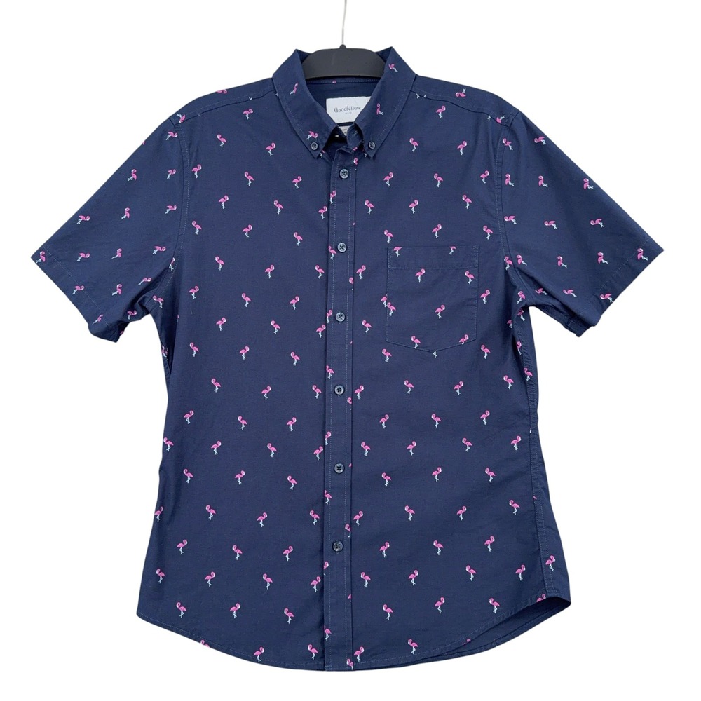 Goodfellow & Co Button Down Mens M Cotton Spandex Navy Blue Flamingo Print Shirt
